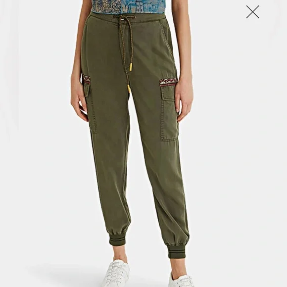 Desigual Cargo Pants Women M Olive Green Embroidered Tribeca Joggers Boho Casual - Picture 2 of 12